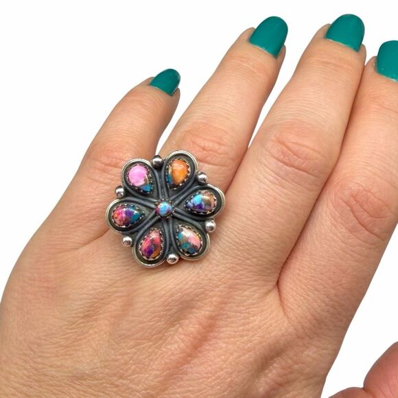 Kingman Pink Dahlia Flower Cluster Ring Size 7 Solid 925 Sterling Silver - Picture 3 of 7